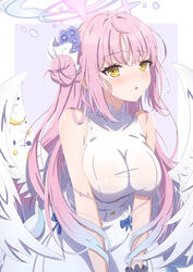  angel_wings blue_archive blush breasts dress female flower hair_bun hair_flower hair_ornament hair_scrunchie halo highres large_breasts long_hair looking_at_viewer low_wings mika_(blue_archive) pink_hair scrunchie single_hair_bun sleeveless sleeveless_dress solo sweat synn032 white_dress white_wings wing_ornament wings wrist_scrunchie yellow_eyes 