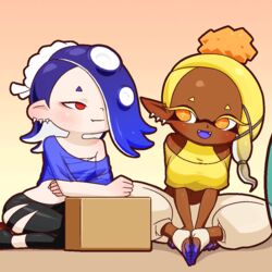  2girls alternate_breast_size animated animated baggy_pants blonde_hair blue_hair breast_rest breast_size_switch breasts chest_sarashi commentary crop_top dark-skinned_female dark_skin earrings english_commentary fangs flat_chest forehead frye_(splatoon) hair_over_one_eye half-closed_eyes huge_breasts indian_style inkling jewelry large_breasts looping_animation mike_inel multiple_girls octoling oerba_yun_fang orange_eyes pants pointy_ears red_eyes sarashi see-through see-through_shirt shirt shiver_(splatoon) sitting splatoon_(series) splatoon_3 talking tentacle_hair very_dark_skin 