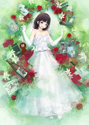  baby_bottle bare_shoulders blue_eyes boku_no_pico book bottle brown_hair commentary_request cutting_board dress dvd_case elbow_gloves envelope female flower frilled_dress frills fujoshi full_body gloves highres jewelry kath knife lily_(flower) long_dress mars_symbol medium_hair microphone necklace nijisanji open_mouth photoshop_(medium) plant red_flower red_rose rose sake_bottle smile solo strapless strapless_dress suzuka_utako suzuka_utako_(3rd_costume) tiara virtual_youtuber w_arms white_dress white_footwear white_gloves 