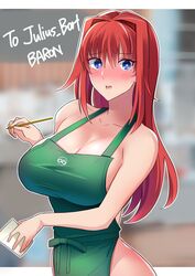  aozaki_aoko apron baron_(nsbaron) blue_eyes blush border breasts cleavage collarbone commentary_request cup disposable_cup english_text female green_apron hair_between_eyes hair_intakes holding holding_cup holding_pencil iced_latte_with_breast_milk_(meme) large_breasts lips long_hair looking_at_viewer meme naked_apron outside_border parted_lips pencil pink_lips red_hair sidelocks solo starbucks tsukihime upper_body white_border 