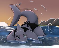  2019 anthro ass bikini blue_eyes clothed clothing dorsal_fin eyelashes female fin fish front_view half-closed_eyes hi_res looking_at_viewer lying marine narrowed_eyes noodlestoat on_front partially_submerged pinup pose sea seductive shark slightly_chubby solo sunset swimwear tail thick_tail tongue tongue_out water 