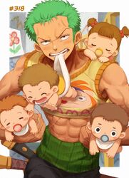  1boy black_pants brown_hair collarbone crop_top green_hair hair_bobbles hair_ornament highres male_focus mouth_hold muscular muscular_male oekakiboya one_piece pants roronoa_zoro sheath sheathed short_hair sword two_side_up weapon 