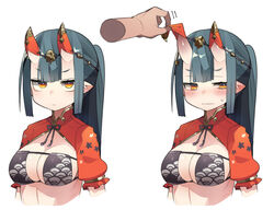  bikini blue_hair blush breasts cleavage closed_mouth commentary eyepatch_bikini female floral_print highres horn_cover horns kometsubu large_breasts long_hair multiple_views oni orange_eyes original pointy_ears ponytail print_bikini seigaiha short_sleeves sidelocks simple_background skin-covered_horns sweat swimsuit upper_body wavy_mouth white_background 