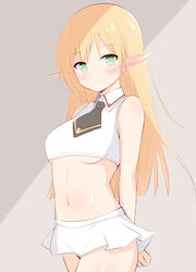  bare_arms bare_shoulders black_necktie blonde_hair blush breasts closed_mouth collared_shirt commentary_request crop_top female green_eyes grey_background highres iris_mysteria! long_hair medium_breasts navel necktie parted_bangs pleated_skirt pointy_ears shirt short_necktie skirt sleeveless sleeveless_shirt smile solo tise_(iris_mysteria!) underboob very_long_hair white_shirt white_skirt yuu_(yumezakura) 