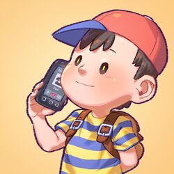  1boy arm_behind_back backpack bag baseball_cap black_eyes black_hair cellphone closed_mouth commentary english_commentary hat male_focus mother_(game) mother_2 ness&#039;s_father ness_(mother_2) orange_background phone pockypalooza red_hat shirt simple_background smartphone solo striped_clothes striped_shirt super_smash_bros. t-shirt upper_body yellow_pupils 