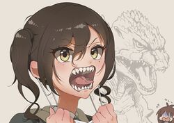  2girls amatsu_amaguri black_jacket brown_eyes brown_hair commentary_request flying_sweatdrops godzilla godzilla_(series) grey_background hair_between_eyes idolmaster idolmaster_cinderella_girls jacket long_hair looking_away mask mask_pull mole mole_under_eye mouth_mask multiple_girls open_mouth photoshop_(medium) portrait pulling_own_clothes saliva sharp_teeth sunazuka_akira surgical_mask teeth tongue tsujino_akari turn_pale twintails v-shaped_eyebrows 