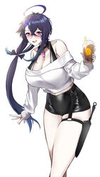  absurdres azur_lane bare_shoulders black_shorts breasts bubble_tea cleavage cropped_sweater female foch_(azur_lane) foch_(rainbow_rendezvous)_(azur_lane) hair_between_eyes highres irkawaza knife_sheath large_breasts latex_shorts leaning_forward long_hair looking_at_viewer off-shoulder_sweater off_shoulder official_alternate_costume pink_eyes purple_hair sheath shorts simple_background solo sweater white_background white_sweater 