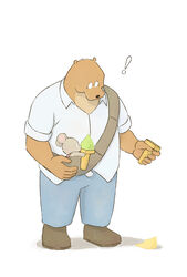  2014 anthro bear bottomwear brown_body brown_fur celestine_(ernest_and_celestine) clothing dessert duo ernest_(ernest_and_celestine) ernest_and_celestine exclamation_point food fur humanoid_hands ice_cream male mammal mouse murid murine norijaga overweight overweight_male pants rodent shirt simple_background topwear white_background 