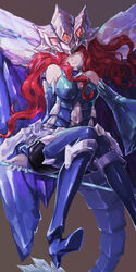  armor breastplate closed_mouth commentary dragon_girl dragon_tail dragon_wings duel_monster emilia_(yu-gi-oh!) female hair_over_one_eye headgear high_heels highres holding holding_staff labombardier! long_hair looking_at_viewer nekroz_of_gungnir photoshop_(medium) red_eyes red_hair solo staff tail very_long_hair wings yu-gi-oh! 