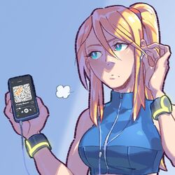  blonde_hair blue_background cellphone commentary earphones english_commentary female green_eyes highres long_hair looking_up metroid mole mole_under_mouth paramore phone pink_pupils pockypalooza ponytail samus_aran sidelocks simple_background smartphone solo super_smash_bros. upper_body zero_suit 