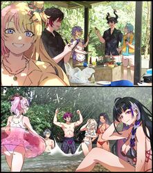  5girls 6+boys ^_^ absurdres ahoge aia_amare annoyed apron ass aster_arcadia bikini black_hair blue_eyes blue_hair blue_shirt blush braid breasts casual_one-piece_swimsuit cleavage clenched_hands closed_eyes collared_shirt dark-skinned_female dark_skin doppio_dropscythe expressionless glasses grey_hair hair_behind_ear hair_bun hair_ornament hair_ribbon hand_on_own_head hand_on_own_hip hex_haywire highres horns iluna_(nijisanji) jewelry kotoka_torahime kyo_kaneko lightning_bolt_hair_ornament lightning_bolt_symbol long_hair looking_at_viewer maplesights maria_marionette meloco_kyoran multicolored_hair multiple_boys multiple_girls muscular muscular_male necklace nijisanji nijisanji_en one-piece_swimsuit one_side_up open_mouth parted_lips photo_background pink_ribbon ponytail purple_hair purple_shirt red_bikini ren_zotto ribbon scarle_yonaguni selfie shirt shorts side_braids single_hair_bun smile split-color_hair streaked_hair swimsuit topless_male two-tone_hair ver_vermillion very_long_hair vest virtual_youtuber water white_bikini white_one-piece_swimsuit white_shorts xsoleil yellow_vest 