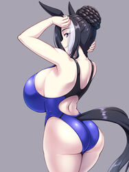  animal_ears arms_up ass back bare_shoulders black_hair braid braided_bun breasts closed_mouth commentary_request competition_swimsuit cowboy_shot female from_behind hair_bun horse_ears horse_girl horse_tail huge_breasts kawanuma_uotsuri looking_at_viewer looking_back mejiro_ramonu_(umamusume) multicolored_hair nape one-piece_swimsuit profile purple_eyes sideboob single_hair_bun smile solo streaked_hair swimsuit tail umamusume 