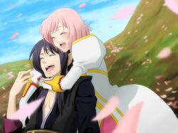  1boy belt black_hair blush bracelet cha_(komekko) closed_eyes couple dress elbow_gloves estellise_sidos_heurassein female gloves hug hug_from_behind jewelry laughing long_hair petals pink_hair short_hair straight tales_of_(series) tales_of_vesperia tree yuri_lowell 