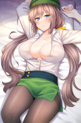  bed_sheet black_pantyhose blue_eyes breasts brown_hair brown_pantyhose cleavage commentary_request commission female green_hat green_skirt hair_ribbon hat hayakawa_tazuna highres large_breasts long_hair long_sleeves looking_at_viewer low_twintails lying on_back pantyhose pencil_skirt pillow pixiv_commission ribbon rui_shi_(rayze_ray) shirt skirt solo twintails umamusume white_shirt yellow_ribbon 