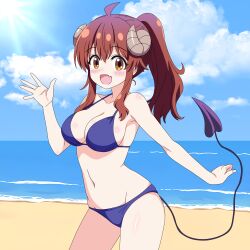  ahoge beach bikini blue_bikini blue_sky breasts brown_eyes brown_hair cleavage cloud commentary_request day demon_horns female highres horizon horns large_breasts machikado_mazoku ocean oerba_yun_fang outdoors ponytail sakuzo skin_fang sky smile solo swimsuit waving yoshida_yuuko_(machikado_mazoku) 