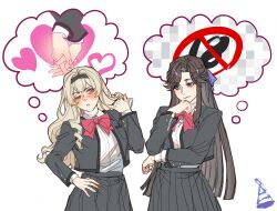  2girls another_ship_dynamic_i_enjoy_(meme) black_hairband blonde_hair blush bow bowtie brown_hair censored closed_mouth collared_shirt commentary_request content_rating grey_jacket grey_skirt hair_ribbon hairband hand_in_own_hair hand_on_own_hip heart highres holding_hands imagining interlocked_fingers jacket korean_commentary long_sleeves looking_at_another meme mosaic_censoring multiple_girls one_eye_closed parted_lips pink_eyes purple_eyes purple_ribbon red_bow red_bowtie ribbon saijou_claudine seishou_music_academy_uniform semi_butai shirt shoujo_kageki_revue_starlight simple_background skirt smile tendou_maya thought_bubble white_background white_shirt yuri 