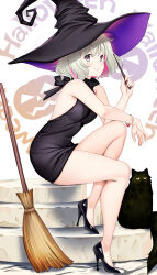  animal bare_arms bare_legs bare_shoulders black_cat black_dress black_footwear blonde_hair bracelet breasts broom closed_mouth colored_inner_hair commentary_request dress feline female fingernails full_body hair_intakes halloween hat hataraki_kuma high_heels highres holding holding_wand jewelry knee_up large_hat legs looking_at_viewer medium_breasts medium_hair mole mole_under_eye multicolored_hair navel original pumpkin_background purple_eyes shadow short_dress sitting sleeveless sleeveless_dress smile stairs stiletto_heels thighs wand white_background witch witch_hat yellow_eyes 