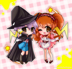  2000s_(style) 2girls :d absurdres asahina_mikuru black_cape blue_sailor_collar blue_skirt blush breasts brown_eyes cape cleavage commentary deformed english_commentary glasses hat highres holding holding_wand kita_high_school_uniform large_breasts long_hair long_sleeves maid mellopyon multiple_girls nagato_yuki one_eye_closed open_mouth orange_hair purple_hair ribbon sailor_collar school_uniform serafuku short_hair sidelocks skirt smile standing suzumiya_haruhi_no_yuuutsu twintails wand witch witch_hat 