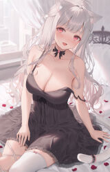  :d ahoge animal_ear_fluff animal_ears arm_at_side asymmetrical_legwear bare_arms bare_shoulders bedroom black_dress black_ribbon blush bow_legwear breasts cat_ears cat_girl cat_tail cleavage collarbone curtains dress feet_out_of_frame female frilled_dress frilled_pillow frills furrowed_brow grey_hair hair_ornament half_updo hand_on_own_thigh highres indie_virtual_youtuber indoors large_breasts leg_ribbon long_hair looking_at_viewer me_meel mismatched_legwear mole mole_under_eye neck_ribbon oerba_yun_fang on_bed open_mouth petals pillow pom_pom_(clothes) pom_pom_hair_ornament red_eyes red_petals ribbon short_dress sidelocks sitting skin_fang sleeveless sleeveless_dress smile solo strap_slip tail tail_ornament thighhighs uise_iu virtual_youtuber wariza wavy_hair white_tail white_thighhighs window 