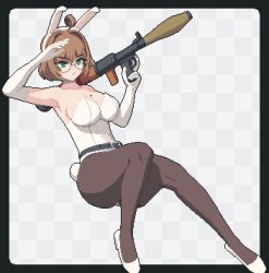  animal_ears armpits blonde_hair breasts fake_animal_ears glasses green_eyes highres large_breasts original pantyhose pixel_art playboy_bunny rabbit rabbit_ears rocket_launcher round_eyewear rpg_(weapon) seiko093 short_hair weapon 