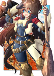  :d absurdres amaxa animal animal_ears belt bird black_gloves blue_eyes brown_belt brown_hair commentary_request eagle el_condor_pasa_(umamusume) eye_mask female fingerless_gloves gloves highres horse_ears horse_girl horse_tail long_hair monster_hunter_(series) open_mouth ponytail smile solo standing tail umamusume 