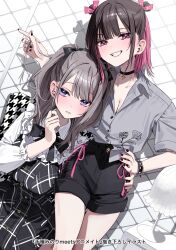  2girls black_bow black_bowtie black_choker black_dress black_hair black_ribbon black_shorts blush bow bowtie bracelet breasts chigusa_minori choker cleavage clenched_teeth collarbone collared_shirt commentary_request dress dress_shirt grey_hair grey_shirt grin hair_ribbon hand_on_own_hip hand_up highres holding_another&#039;s_hair jewelry long_hair long_sleeves looking_at_viewer multicolored_hair multiple_girls official_art open_mouth parted_lips pinafore_dress pink_hair pink_ribbon purple_eyes ribbon saotome_shino_(shino_to_ren) shadow shino_to_ren shirayuki_ren shirt shirt_partially_tucked_in short_hair short_sleeves shorts sidelocks sleeveless sleeveless_dress smile spiked_bracelet spikes streaked_hair teeth two-tone_hair two_side_up white_shirt 