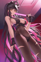  bare_arms bare_shoulders bikini black_bikini black_gloves black_hair black_hat black_pantyhose blush breasts fate/grand_order fate_(series) female fingerless_gloves from_below gloves hat highres holding holding_baton indoors kamo_ashi large_breasts long_hair pantyhose parted_bangs parted_lips pink_hair police_hat sessyoin_kiara sessyoin_kiara_(swimsuit_mooncancer) sessyoin_kiara_(swimsuit_mooncancer)_(second_ascension) sideboob solo swimsuit thighs torn_clothes torn_pantyhose very_long_hair yellow_eyes 