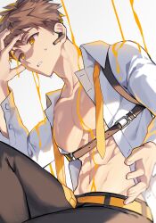  1boy abs absurdres brown_hair chest_strap collared_shirt feet_out_of_frame headset highres knees_out_of_frame kurobikari long_sleeves male_focus navel necktie open_clothes open_shirt orange_necktie original pants parted_lips pectorals shirt short_hair solo sweat teeth undone_necktie white_background white_shirt 