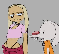  2024 bottomwear brandy_and_mr._whiskers brandy_harrington canid canine canis clothing digital_drawing_(artwork) digital_media_(artwork) disney domestic_dog duo female g0ni25 hi_res lagomorph leporid male male/female mammal meme mouth_closed mr._whiskers navel orange_clothing pants pink_clothing pink_shirt pink_topwear rabbit shirt simple_background suit t-shirt thong_straps topwear 