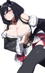  absurdres animal_ears black_hair black_sleeves black_thighhighs blue_eyes breasts cleavage closed_mouth commentary_request eishin_flash_(umamusume) female highres horse_ears horse_girl horse_tail kumiyabe large_breasts red_skirt running short_hair simple_background skirt solo sweat tail thighhighs umamusume white_background 