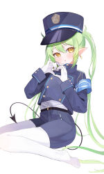  :o absurdres armband blue_archive blue_armband blue_hat blue_jacket blue_shorts blush buttons commentary_request demon_tail double-breasted female gloves green_hair hat heart heart_hands highres jacket long_hair long_sleeves looking_at_viewer no_halo no_shoes nozomi_(blue_archive) open_mouth pantyhose peaked_cap pointy_ears shirt shishiodoshi short_shorts shorts simple_background sitting smile solo tail twintails very_long_hair white_background white_gloves white_pantyhose white_shirt yellow_eyes 