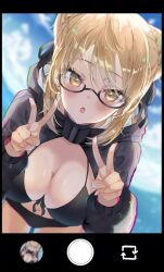  artoria_pendragon_(fate) bent_over bikini black_bikini black_bra black_jacket black_panties blonde_hair blue_eyes blue_sky bra breasts camera_feed cleavage double_v fate/grand_order fate_(series) female glasses hair_between_eyes hair_bun hipopopotamasuk jacket large_breasts leaning_forward looking_at_viewer mysterious_heroine_x_alter_(fate) open_mouth panties sky swimsuit underwear v yellow_eyes 