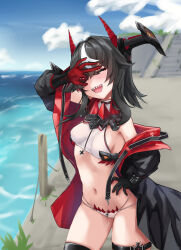  ;d absurdres azur_lane bare_shoulders beach bikini black_coat black_hair blush breasts clothes_pull coat commentary_request crop_top day female hair_between_eyes heart heart-shaped_pupils highres hip_focus horns jacket jacket_pull leaning_forward long_hair medium_breasts medium_hair midriff multicolored_hair navel ocean off_shoulder ok_sign ok_sign_over_eye one_eye_closed open_clothes open_coat outdoors pittopanikku red_eyes sharp_teeth shirt sleeveless sleeveless_shirt small_breasts smile solo standing stomach streaked_hair swimsuit symbol-shaped_pupils teeth thigh_strap thighs two-tone_hair white_bikini white_hair z16_(azur_lane) 