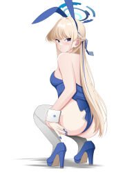  absurdres animal_ears ass blue_archive blue_eyes blue_footwear blue_hair blue_hairband blue_leotard blue_nails blue_ribbon blush breasts english_commentary fake_animal_ears female grey_thighhighs hair_intakes hair_ribbon hairband halo high_heels highres leotard long_hair multicolored_hair playboy_bunny rabbit_ears ribbon rlayuta small_breasts solo squatting streaked_hair thighhighs toki_(blue_archive) toki_(bunny)_(blue_archive) very_long_hair white_background wrist_cuffs 