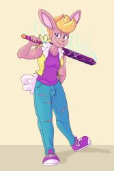  allison_goleta anthro clothing female footwear glowing_weapon hi_res lagomorph leporid mammal melee_weapon pose rabbit shoes sneakers solo solo_focus super_lesbian_animal_rpg sword sword_on_back tail thefoxxhole weapon 