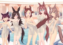  5girls ahoge alternate_costume animal_ears bath black_hair breasts brown_hair cleavage closed_mouth collarbone covering_another&#039;s_eyes eromappy hair_between_eyes hair_ornament hair_over_one_eye highres horse_girl looking_at_viewer matikane_tannhauser_(umamusume) medium_breasts mihono_bourbon_(umamusume) multiple_girls nishino_flower_(umamusume) open_mouth pool rice_shower_(umamusume) sakura_bakushin_o_(umamusume) small_breasts surprised sweat tears towel umamusume 