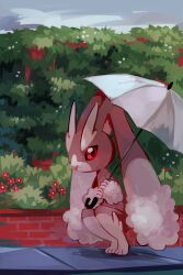  2019 absurd_res ambiguous_gender big_ears black_sclera brick brown_body brown_fur crouching day digital_media_(artwork) eyebrows flavia-elric floor flower fluffy_ears fur generation_4_pokemon hi_res holding_object holding_umbrella leaf lopunny nintendo outside pink_nose plant pokemon pokemon_(species) pupils red_eyes red_flower shadow sky solo thick_eyebrows umbrella 