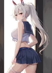  ayanami_(azur_lane) azur_lane blue_sailor_collar blue_skirt crop_top female from_side hair_between_eyes headgear high_ponytail light_brown_hair long_hair looking_at_viewer midriff orange_eyes pleated_skirt ponytail red_eyes sailor_collar shirt skirt sleeveless sleeveless_shirt solo suwampu thigh_strap 