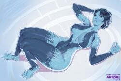  artist_logo artist_name arttoru barefoot blue_hair blue_skin blush breasts collarbone colored_skin cortana covered_nipples female halo_(series) halo_4 hand_on_own_head large_breasts looking_at_viewer lying navel on_back short_hair solo v-shaped_eyebrows web_address wide_hips 