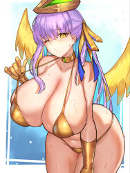  absurdres animal_hat bare_shoulders bb_(fate) bikini blush breasts cleavage collarbone detached_collar elbow_gloves fate/grand_order fate_(series) female gloves gold_bikini gold_gloves gold_ribbon golden_bb_(fate) hair_ribbon hat highres large_breasts leaning_forward long_hair looking_at_viewer navel one_eye_closed puckered_lips purple_hair rabbit_hat radishkek ribbon solo swimsuit thighs very_long_hair wings yellow_eyes 