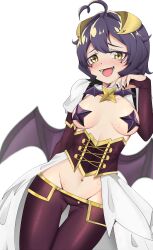  absurdres ahoge bat_brooch breasts corset cross cross-shaped_pupils cross_facial_mark cross_pasties demon_wings facial_mark female forward_facing_horns highres hiiragi_utena horns lowleg lowleg_pants magia_baiser mahou_shoujo_ni_akogarete medium_breasts meemz_a navel open_mouth pants pasties purple_corset purple_hair purple_pants purple_pasties purple_wings short_hair showgirl_skirt shrug_(clothing) solo sweat symbol-shaped_pupils white_shrug wings yellow_eyes yellow_horns 