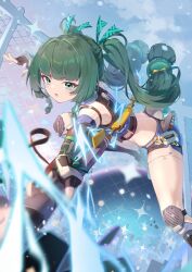  absurdres android black_gloves blue_shorts blunt_bangs braid caisena cowboy_shot female fingerless_gloves gloves green_eyes green_hair highres holding holding_weapon lightning long_hair looking_ahead midriff open_mouth outdoors qingyi_(zenless_zone_zero) serious shorts side_braids sidelocks solo twintails weapon zenless_zone_zero 