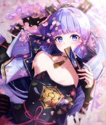  arm_guards armor black_gloves blue_eyes blue_hair blunt_bangs blunt_tresses chest_armor elbow_gloves falling_petals female gao_kawa genshin_impact gloves hand_fan hand_up highres holding holding_fan japanese_armor kamisato_ayaka long_hair looking_at_viewer mole mole_under_eye neck_tassel open_clothes partially_fingerless_gloves petals short_sleeves sidelocks solo 