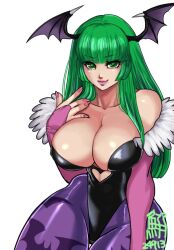  animal_print bat_print black_leotard breasts collarbone darkstalkers female green_eyes hand_on_own_chest head_wings large_breasts leotard long_hair morrigan_aensland pantyhose parted_lips pink_lips pink_nails purple_pantyhose simple_background solo tokisige v-shaped_eyebrows very_long_hair white_background wide_hips wings 