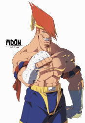  1boy abs adon_(street_fighter) arm_wrap armband bara blue_shorts character_name cleft_chin clenched_hand grin headband male_focus muscular orange_hair osanpogakari shorts smile solo standing street_fighter white_background yellow_headband 