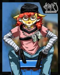  absurd_res activision anthro bottomwear call_of_duty canid canine clothed clothing cloud_nine_(fortnite) crate cutoffs delphox denim denim_bottomwear denim_clothing digital_media_(artwork) epic_games eyewear fortnite fox fur generation_6_pokemon glasses gun hair hat headgear headwear hi_res holding_gun holding_object holding_ranged_weapon holding_weapon inner_ear_fluff jeans looking_at_viewer male mammal meow_skulls nintendo pants pink_clothing pink_shirt pink_topwear pokemon pokemon_(species) puppypigeon ranged_weapon shirt shorts simple_background smile solo topwear trapixen tuft weapon yellow_body yellow_fur 