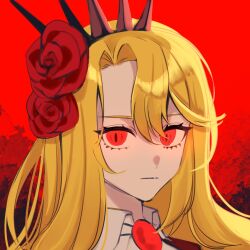  blonde_hair closed_mouth collared_shirt don_quixote_(project_moon) female flower gem hair_flower hair_ornament highres limbus_company long_hair project_moon red_background red_brooch red_eyes red_flower rose shirt slit_pupils solo thorns touu_yaiba white_shirt 