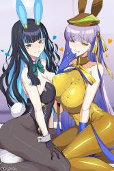  2girls animal_ears animal_hat bare_shoulders bb_(fate) black_gloves black_hair black_leotard blue_gloves blue_hair blush bow bowtie breasts brown_pantyhose colored_inner_hair detached_collar elbow_gloves eyeliner fake_animal_ears fate/grand_order fate_(series) gloves gold_leotard gold_ribbon golden_bb_(fate) grey_eyes grin hair_ribbon hat heart highleg highleg_leotard highres large_breasts leotard long_hair looking_at_viewer makeup medium_breasts multicolored_hair multiple_girls neck_ribbon pantyhose playboy_bunny purple_hair rabbit_ears rabbit_hat rabbit_tail red_gloves ribbon sidelocks smile tail tenochtitlan_(fate) tenochtitlan_(swimsuit_mooncancer)_(fate) tenochtitlan_(swimsuit_mooncancer)_(third_ascension)_(fate) thighs tongue tongue_out unadon very_long_hair wrist_cuffs yellow_eyes yellow_pantyhose 