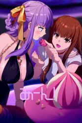  2girls bare_shoulders bb_(fate) bb_dubai_(fate) black_dress blush bracelet braid braided_hair_rings breasts brown_eyes brown_hair cleavage dress eating echo_(circa) fate/grand_order fate_(series) feeding food hair_ribbon hair_rings jewelry kishinami_hakuno_(female) large_breasts long_hair macaron medium_breasts multiple_girls necklace open_mouth purple_eyes purple_hair ribbon sidelocks smile translation_request twin_braids very_long_hair white_dress yellow_ribbon 