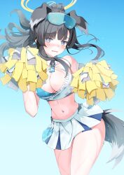  absurdres animal_ears bikini bikini_top_only black_hair blue_archive blush breasts bright_pupils cheerleader cleavage commentary dog_ears dog_tail embarrassed extra_ears female floating_hair full-face_blush goggles goggles_on_head gradient_background halo hibiki_(blue_archive) hibiki_(cheer_squad)_(blue_archive) highres holding holding_pom_poms large_breasts looking_at_viewer millennium_cheerleader_outfit_(blue_archive) miniskirt navel official_alternate_costume pleated_skirt pom_pom_(cheerleading) skirt solo stomach sweatdrop swimsuit tail tika_tika4101 two-tone_bikini 